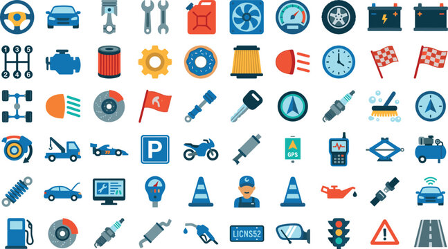 Car Repair and Automotive Maintenance Flat Vector Icon Set with Mechanic Tools Vehicle Parts Garage Service and Racing Symbols for Web Design