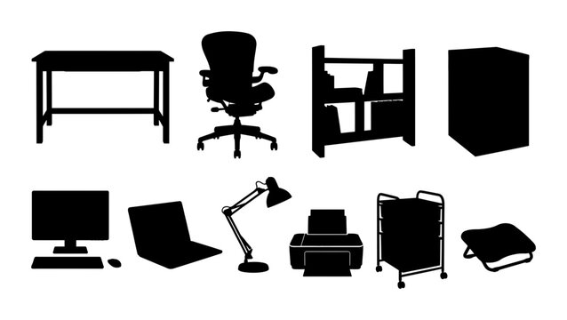Silhouette collection of work table, swivel chair, desk, cabinet, monitor, laptop, lamp, printer, storage case, and office bag