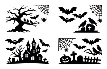 Obraz premium Halloween silhouettes set showcasing classic creepy elements for decoration, party invitations, or spooky holiday designs
