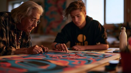 Fototapeta premium Focused view on the creative process of an indigenous elder and youth working together on layered paper art that marries ancestral designs with contemporary emotions illuminated by