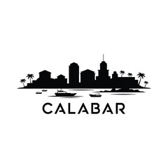 Obraz premium Calabar City Silhouette With Palm Trees And Boats Black On White
