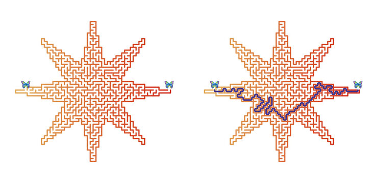 Sun-star maze puzzle with butterflies, dedicated to the summer solstice holiday.