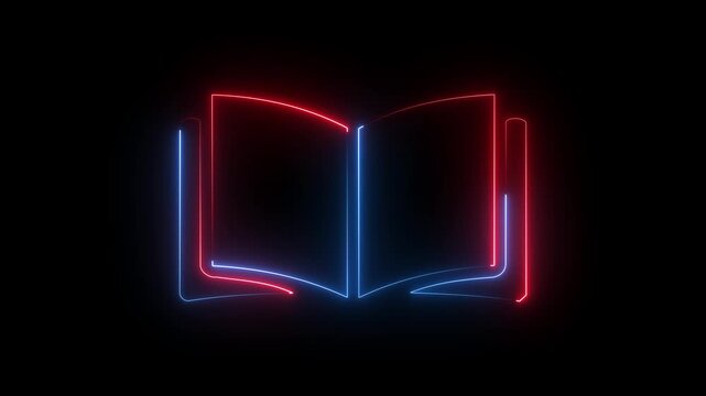 Glowing red and blue neon open book icon on black background, digital learning concept animation.