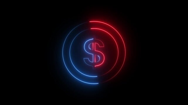 Glowing red and blue neon dollar sign coin icon on black background, digital finance concept animation.