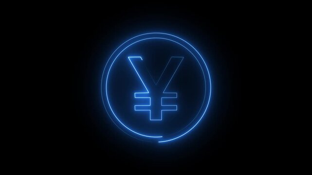 Glowing blue neon yen yuan sign coin icon on black background, digital currency concept animation.
