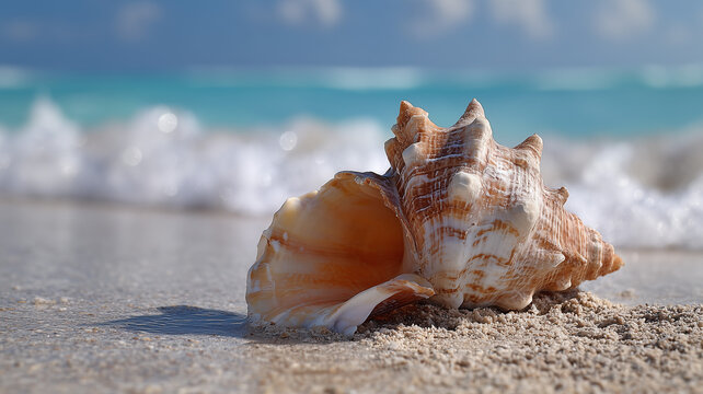 A conch shell, predominantly light brown and white, is the central focus of this eye level, horizontal outdoor photograph. Ai generated