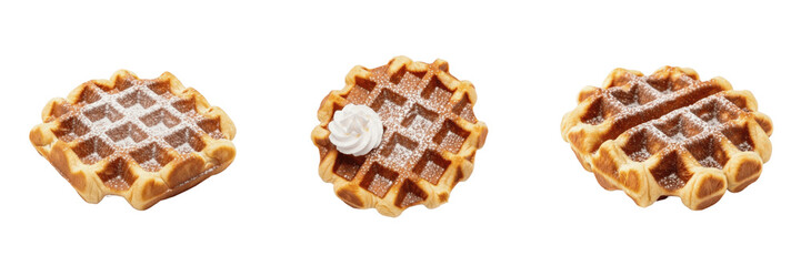 Golden Belgian Waffle PNG Set. Realistic Sweet Waffles with Whipped Cream and Syrup Isolated on Transparent Background. Delicious Baked Breakfast Food Dessert Clip Art Pack for Cafe Menu, Restaurant B © charline