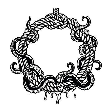 Octopus tentacles entwining a circular twisted rope frame, creating a nautical border with barnacles and dripping ink