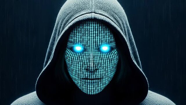 Hooded figure with face made of binary code and glowing eyes