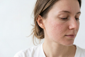 Naklejka premium A woman sits in a well-lit indoor space revealing her skin texture. She looks to the side, her hair pulled back. Natural light highlights her features