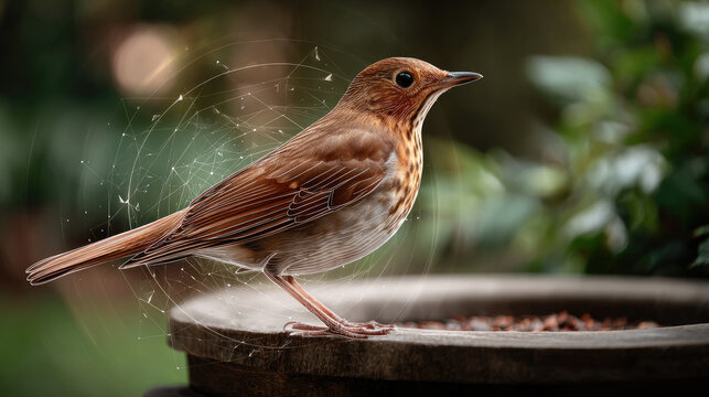 Bird standing on a smart backyard feeder, displaying wings as AI technology identifies and monitors wildlife, sending data signals for research and observation
