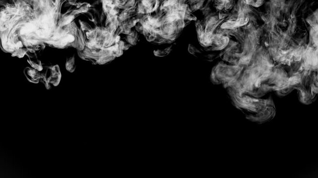 Video of pure white ink diffusing in clear water against a black background, forming intricate, smoke cloud patterns&mdash;ideal for abstract backgrounds, overlays, text transitions, and creative video edit