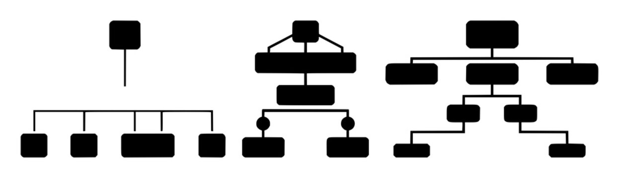 Sitemap hierarchy structure set with solid black icon featuring web architecture, content organization, navigation planning with data flow and information design
