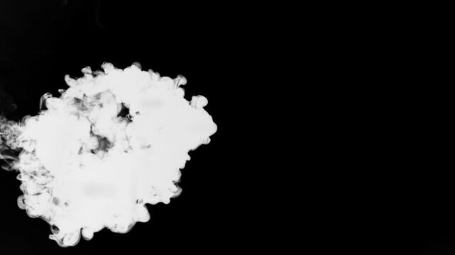 Video of pure white ink diffusing in clear water against a black background, forming intricate, smoke cloud patterns&mdash;ideal for abstract backgrounds, overlays, text transitions, and creative video edit