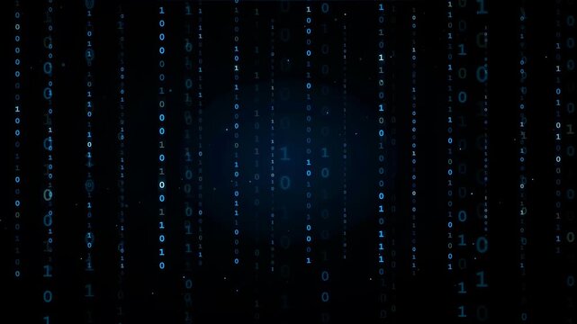 Abstract blue binary code raining down on a dark background for technology and data concepts
