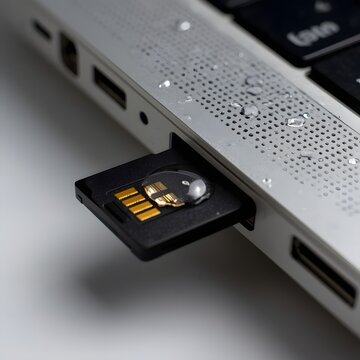 SD card partially ejected from wet laptop port with water bead on gold contacts. Data loss risk and device vulnerability concept.