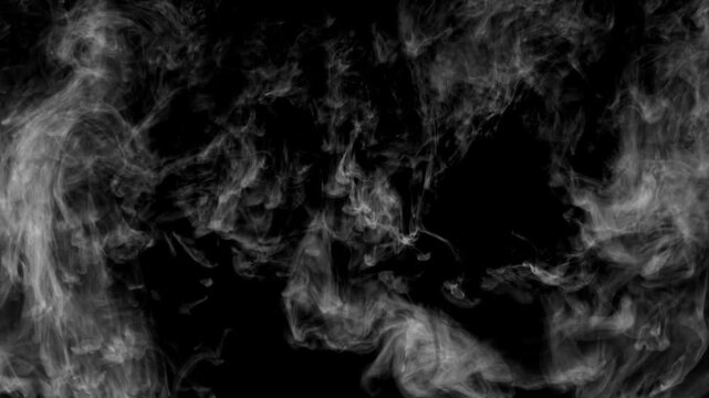 Video of pure white ink diffusing in clear water against a black background, forming intricate, smoke cloud patterns&mdash;ideal for abstract backgrounds, overlays, text transitions, and creative video edit