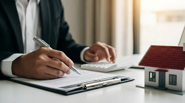Person signing document near house model and calculator