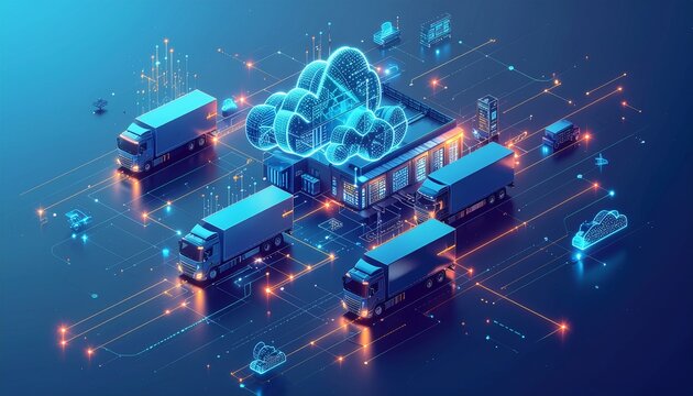 Isometric 3D logistics network with delivery trucks and cloud computing, supply chain technology