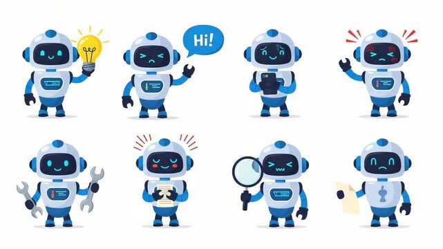 Cute robot characters showing different emotions and actions isolated on white background