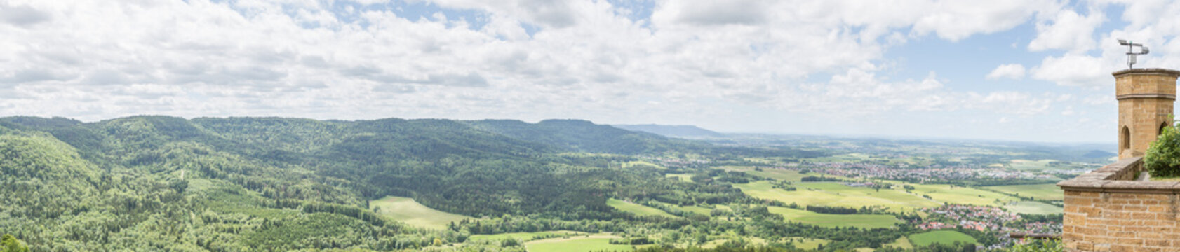 Panoramic view from famous castle Hohenzollern, Schwaebische Alb (Swabian Alb) near Hechingen, Germany