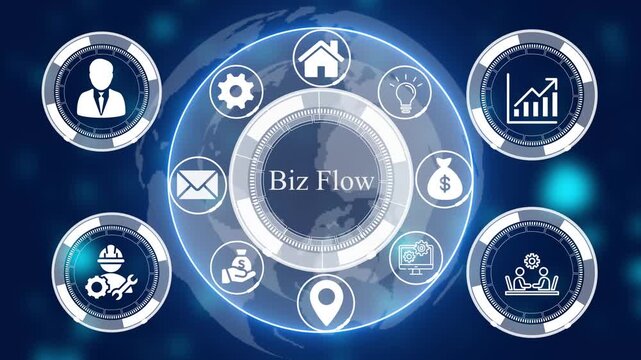 Digital interface with biz flow text surrounded by circular showing business and technology symbols on a dark blue glowing background