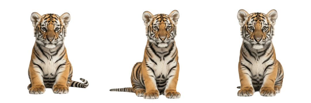 Cute Tiger Cub PNG Set, Realistic Baby Tiger Portraits Sitting Isolated on Transparent Background, Beautiful Exotic Wildlife Animal Clipart Elements for Kids Designs, Posters, and Nature Web Assets