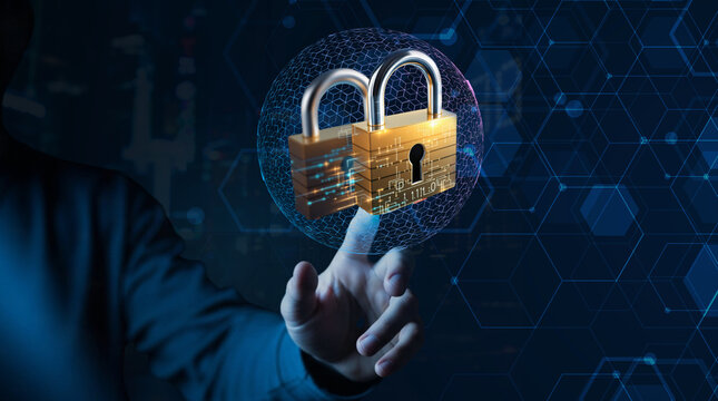 Businessperson holding holographic sphere with golden double padlock and binary code representing cybersecurity, data encryption, double authentication, digital protection, and network security on fut