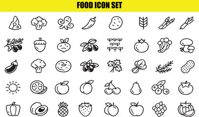 Food icon set, including a variety of fruits, vegetables, and other edibles, on transparent background. © Shohel