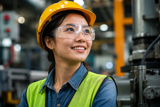 Industrial female engineer in yellow hard hat, smiling asian woman factory worker wearing safety goggles, professional technician in manufacturing plant isolated on White Background ai