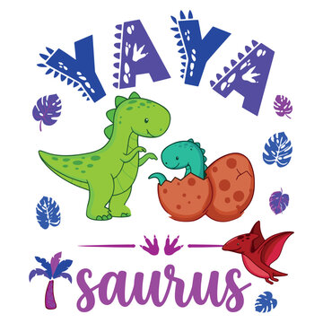 Yayasaurus Grandma Dinosaur Vector Illustration with Baby Dino in Egg and Flying Pterodactyl Cute Family Matching Design for Sublimation