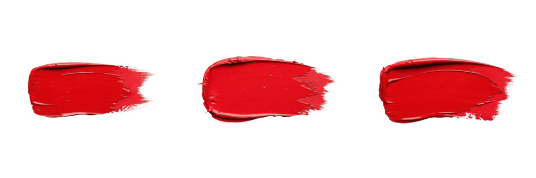 Red Paint Stroke PNG Set, Transparent Background Acrylic Brush Smear Clipart, Isolated Crimson Makeup Swatch Elements for Graphic Design, Oil Texture Illustration, Artistic Lipstick Cutouts for Beauty