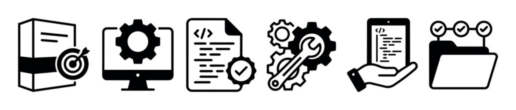 Icons representing a complete software development lifecycle, from initial concept and coding to testing, maintenance, and project deployment