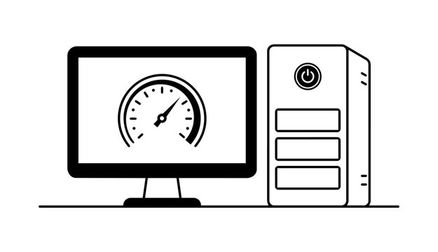 Desktop computer and monitor with a speedometer icon, representing fast data processing, network speed, and hardware benchmark