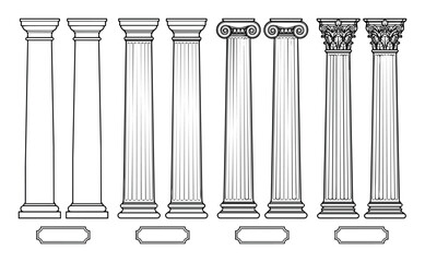 Naklejka premium Collection of classical architectural columns representing a range of historical orders, ideal for design and educational purposes