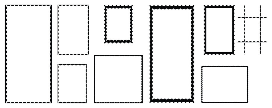 Postage stamps collection. Set of blank rectangle and square Postage stamp frames. Mockup postage stamps. zigzag