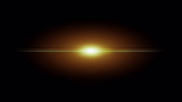 Bright golden light flare effect with glowing horizontal rays on black background.