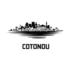 Obraz premium Cityscape Silhouette Of Cotonou With Palm Trees On White Background