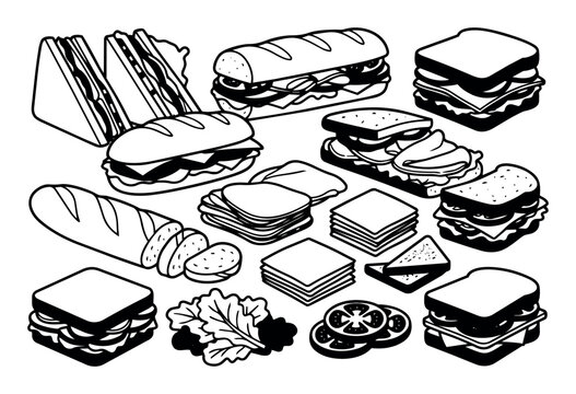 Various sandwiches, including subs and club sandwiches, with multiple deli ingredients like bread, ham, cheese, salami, lettuce, and tomatoes