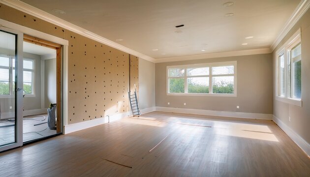 a freshly installed smooth and texture free drywall surface covers a residential interior wall awaiting finishing touches and decoration in a newly constructed home