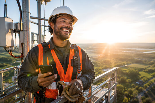 Telecommunications engineer in safety gear working on cell tower, smiling technician holding smartphone at sunset, industrial maintenance worker on high platform isolated on White Background ai
