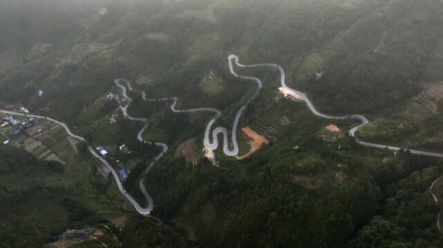 Ha Giang Loop. Picturesque curvy Pass on QL4C Mountain Road in Northern Vietnam. Chin khoanh ramp, UNESCO world heritage