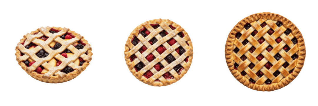 Baked Berry Pie PNG Set, Transparent Background Lattice Crust Fruit Tart Clipart, Isolated Sweet Dessert Elements for Graphic Design, Top View Blackberry Pastry Illustration, Thanksgiving Food Cutouts