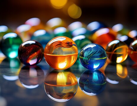 close up of colorful glass marbles on a reflective surface glass marbles shiny reflections round colorful playing