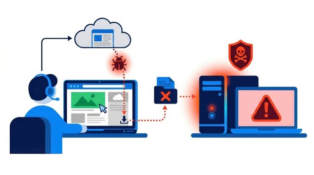 Illustration shows a person using a computer with malware downloading from the cloud and infecting another device with warning signs present