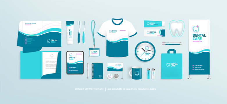 Dentistry branding presentation on promo stationery mock-up set with tooth icon, Toothbrush,  toothpaste tube, abstract blue vawe stripe graphics for Dental Clinic, Medical Center - editable vector	
