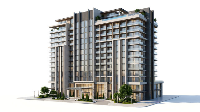 Modern high-rise building with numerous balconies and sleek architectural design against a white background, featuring contemporary urban living.