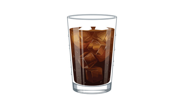 Refreshing glass of dark brown soda filled with cold ice cubes and condensation droplets presented as a clean vector graphic illustration for beverage marketing campaigns on a plain white background.