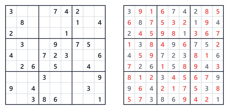 Sudoku puzzle 9x9 hard for adults printable with answers A4, challenging logic game with solution