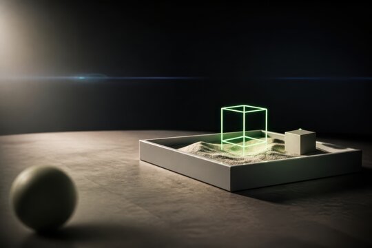 Glowing wireframe cube in a minimalist sand tray studio scene with a dark futuristic concept background